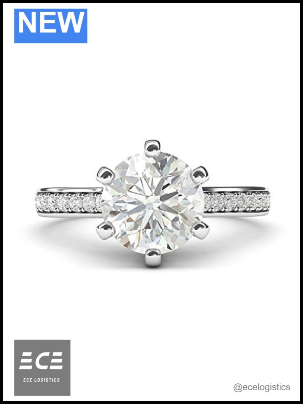 14k White Gold Engagement Ring 2CT Moissanite 6-Prong Side Stones